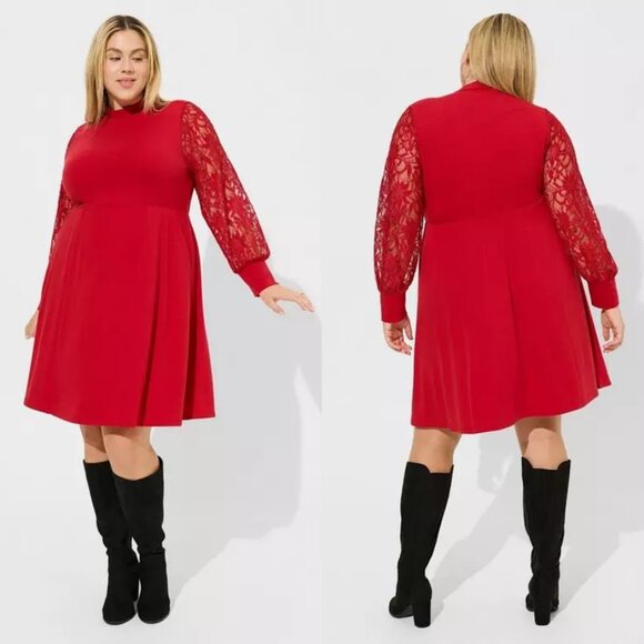 Torrid Red Mock Neck Long Sleeve Sheer Lace Skater Flare Mini Short Dress 2 Plus - Picture 1 of 11